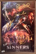 A cast autographed poster of the movie, Sinners. Signed photo of Michael B. Jordan, Hailee Steinfeld, Miles Caton, Jack O'Connell, Wunmi Mosaku, Jayme Lawson, Omar Miller and Delroy Lindo in silver and gold ink marker signatures. Photograph autographs for sale on 8x12 inch picture.
