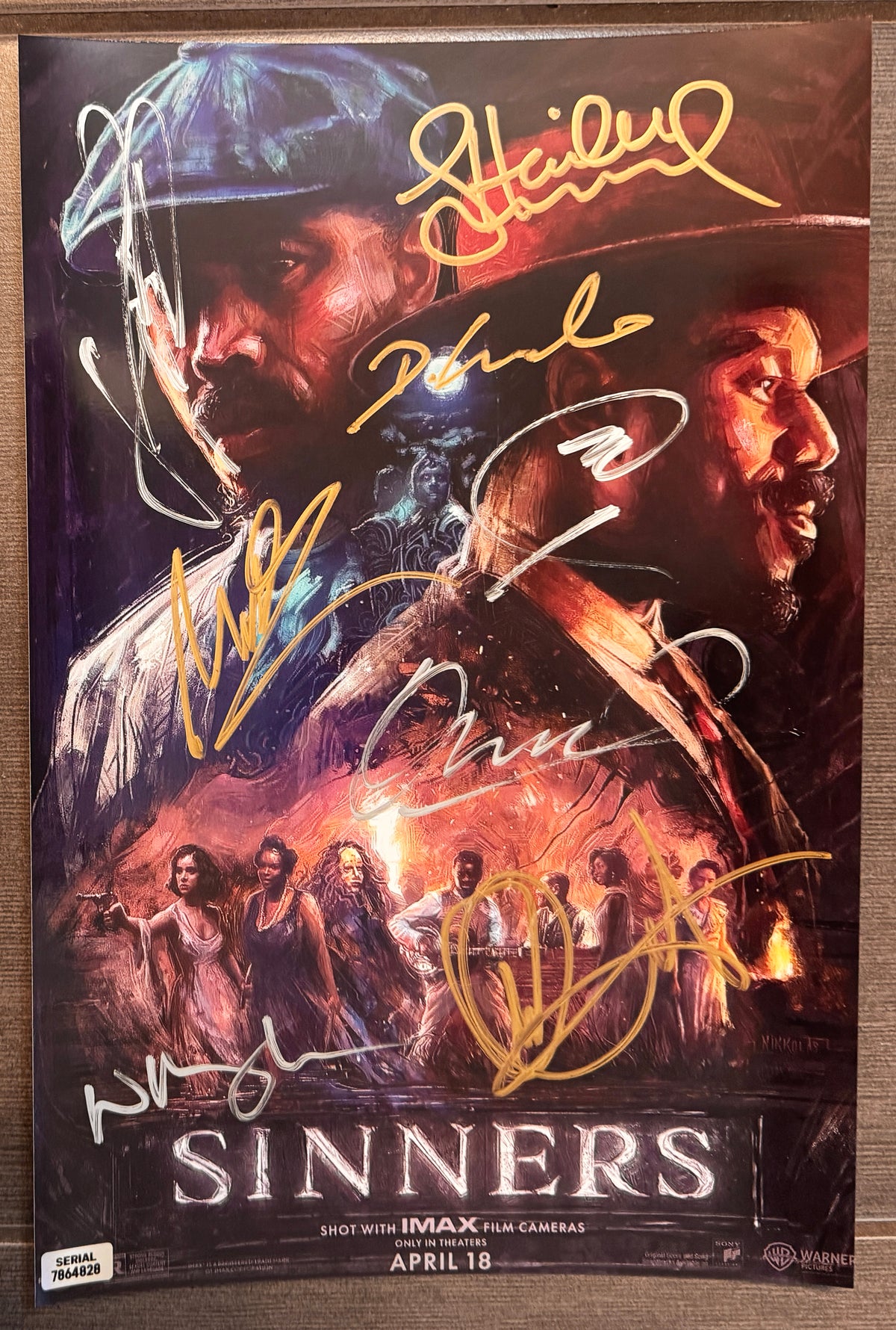 A cast autographed poster of the movie, Sinners. Signed photo of Michael B. Jordan, Hailee Steinfeld, Miles Caton, Jack O'Connell, Wunmi Mosaku, Jayme Lawson, Omar Miller and Delroy Lindo in silver and gold ink marker signatures. Photograph autographs for sale on 8x12 inch picture.