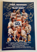 A cast autographed poster of the hockey movie, Slap Shot also known as Slapshot. Signed photo of Paul Newman, Jeff Carlson, Steve Carlson and Dave Hanson in silver ink marker signatures. Photograph Slap Shot autographs for sale on 8x12 inch picture.
