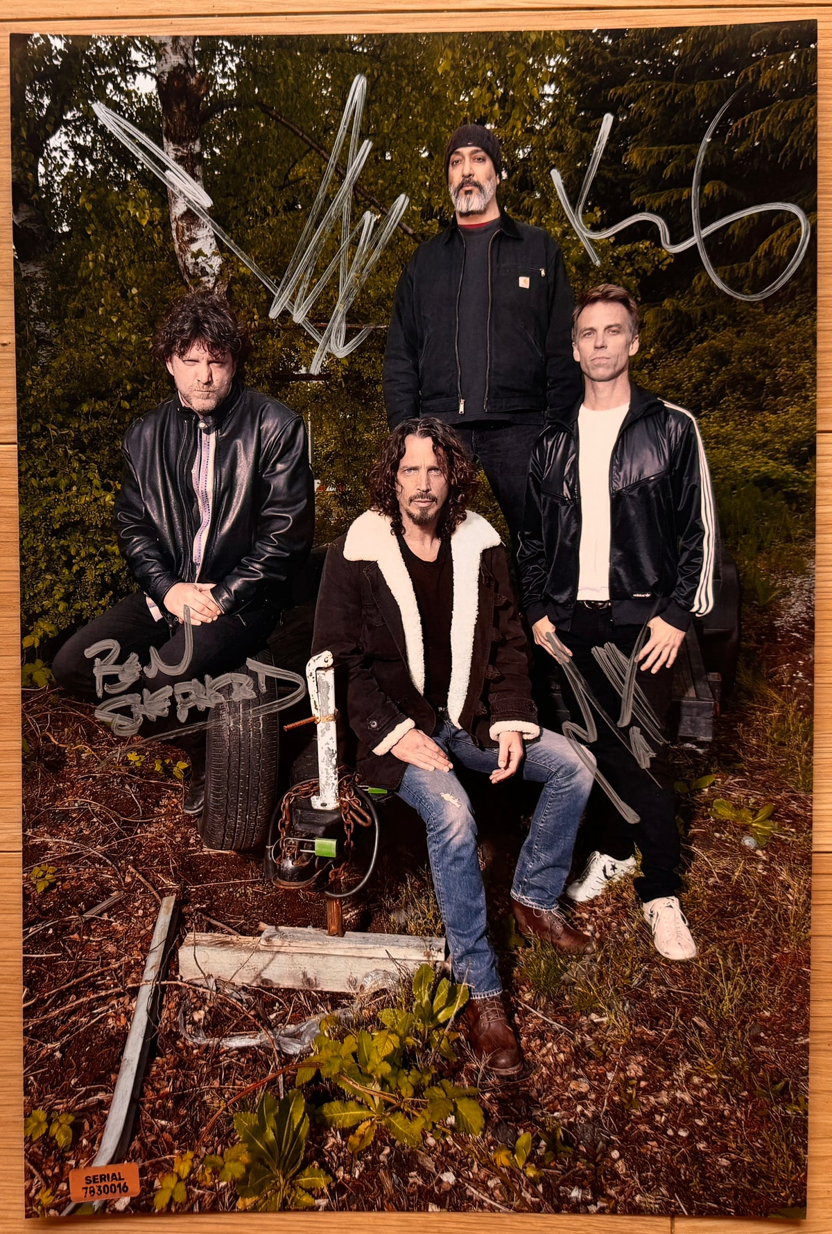 An autographed poster of the band Soundgarden. Signed photo of Chris Cornell, Kim Thayil, Ben Shepherd and Matt Cameron in silver ink marker signatures. Photograph autographs for sale on 8x12 inch picture.