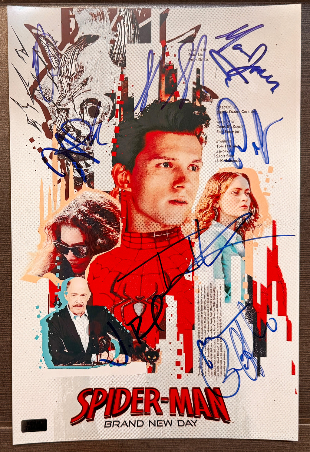 A cast signed Spider-Man Brand New Day movie poster. Spider Man Autographed photo by Tom Holland, Zendaya, Jon Bernthal, Mark Ruffalo, Jacob Batalon, Sadie Sink, Michael Mando and Marvin Jones III in blue ink marker signatures. Photograph autographs for sale on 8x12 inch picture.