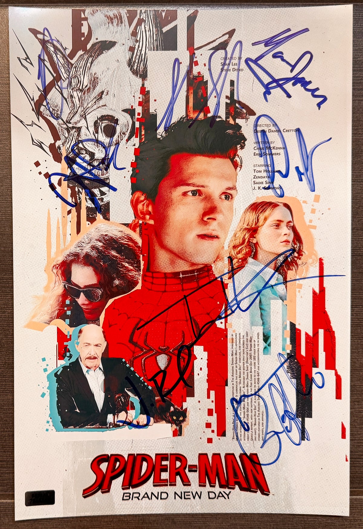 A cast signed Spider-Man Brand New Day movie poster. Spider Man Autographed photo by Tom Holland, Zendaya, Jon Bernthal, Mark Ruffalo, Jacob Batalon, Sadie Sink, Michael Mando and Marvin Jones III in blue ink marker signatures. Photograph autographs for sale on 8x12 inch picture.