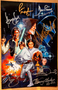 A cast autographed Star Wars movie poster. Signed photo of Harrison Ford, Carrie Fisher, Mark Hamill, Peter Mayhew, George Lucas, Anthony Daniels, David Prowse and Kenny Baker in gold and silver ink marker signatures. Photograph autographs for sale on 8x12 inch picture.