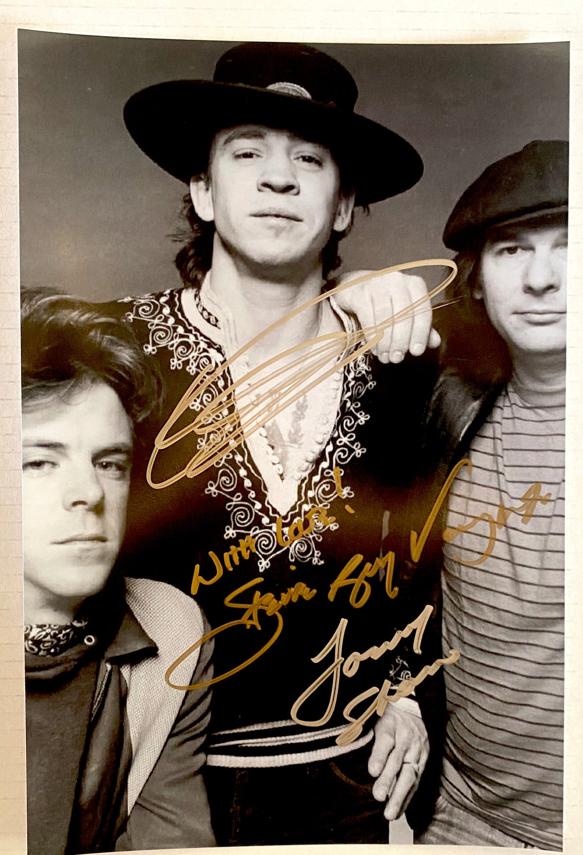 An autographed photo poster of the band, Double Trouble. Signed photo of Stevie Ray Vaughan, Chris Layton and Tommy Shannon in silver marker signatures. Photograph Stevie Ray Vaughan autographs for sale on 8x12 inch picture.

