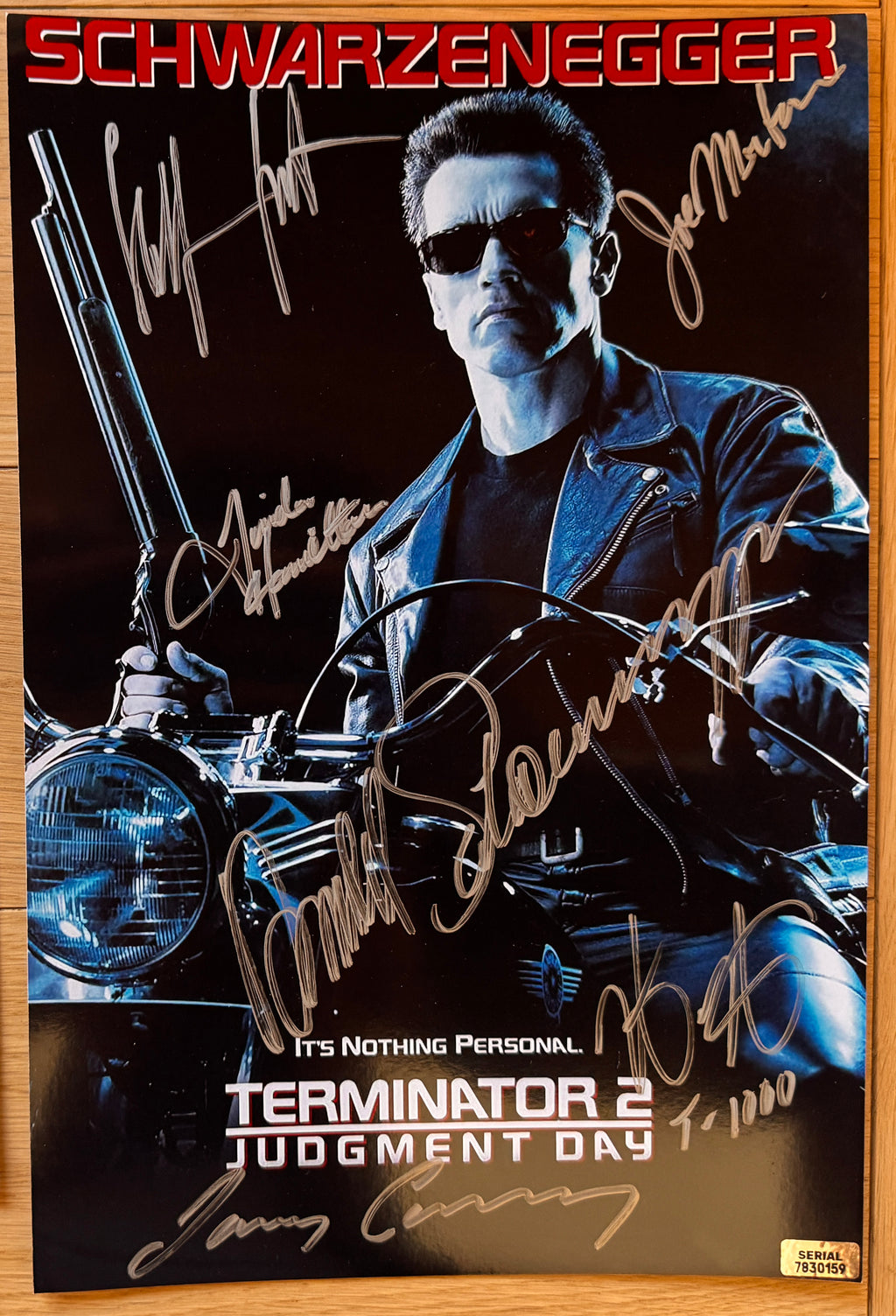 A cast autographed poster of the movie, Terminator 2 Judgement Day. Signed photo of Arnold Schwarzenegger, Linda Hamilton, Edward Furlong, James Cameron, Robert Patrick and Joe Morton in silver ink marker signatures. Photograph autographs for sale on 8x12 inch picture.