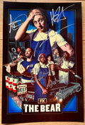 A cast autographed photo poster of the TV show 'The Bear'. Signed photo by Jeremy Allen White, Ebon Moss-Bachrach, Ayo Edebiri, Lionel Boyce, Liza Colón-Zayas, Abby Elliott, Matty Matheson and Edwin Lee Gibson in silver ink markers signatures. Photograph The Bear autographs for sale on an 8x12 inch picture.