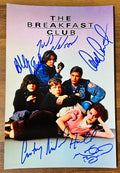 a cast autographed poster of movie, The Breakfast Club. Signed photograph by actors Judd Nelson, Anthony Michael Hall, Molly Ringwald, Ally Sheedy and Emilio Estevez in blue ink signatures. Photo is 8x12 inches in size. The Breakfast Club autographs for sale.
