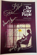 A cast autographed photo poster from the 1985 movie, The Color Purple. Signed photo of Steven Spielberg, Whoopi Goldberg, Oprah Winfrey, Danny Glover, Margaret Avery and Akosua Busia in silver ink marker signatures. Photograph autographs for sale on 8x12 inch picture.