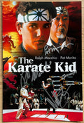 A cast autographed photo poster from the movie, The Karate Kid. Signed photo of Pat Morita, Ralph Macchio and William Zabka in silver ink marker signatures. Photograph Karate Kid autographs for sale on 8x12 inch picture.