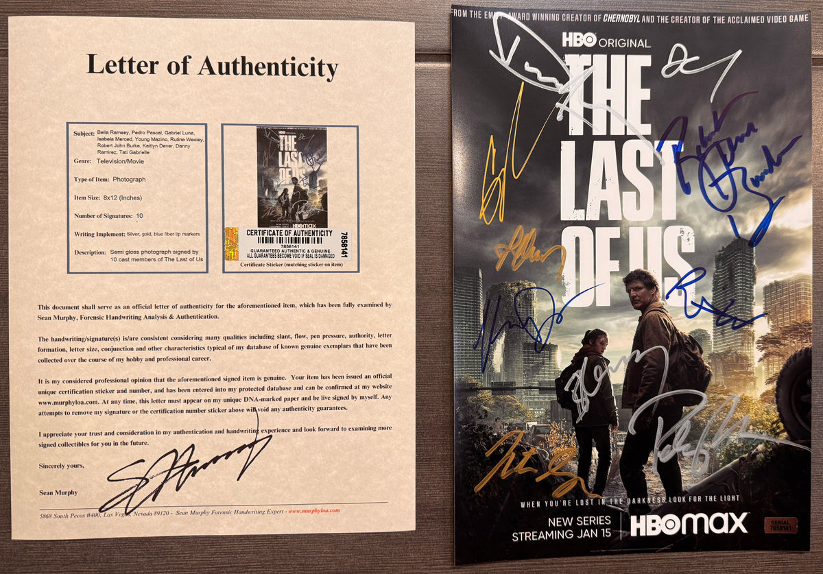 A cast autographed photo poster of the HBO television series, The Last of Us. Signed photograph of Bella Ramsey, Pedro Pascal, Gabriel Luna, Isabela Merced, Young Mazino, Rutina Wesley, Robert John Burke, Kaitlyn Dever, Danny Ramirez and Tati Gabrielle in silver ink marker signatures. Photograph The Last of Us autographs for sale on 8x12 inch picture with COA.