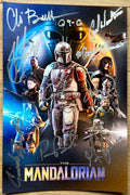 A cast autographed poster of Disney's television series, The Mandalorian. Signed photo of Pedro Pascal, Chris Bartlett, Katee Sackhoff, Carl Weathers, Giancarlo Esposito, Emily Swallow, Misty Rosas and Gina Carano in silver ink marker signatures. Photograph autographs for sale on 8x12 inch picture.