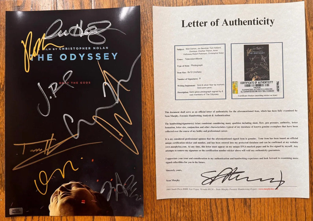 A cast autographed movie poster for Christopher Nolan's film 'The Odyssey'. Signed photo of Jon Bernthal, Matt Damon, Tom Holland, Zendaya, Anne Hathaway, Charlize Theron, Robert Pattinson and Christopher Nolan in silver and gold ink marker signatures. Photograph autographs for sale on 8x12 inch picture with COA.