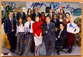 A cast autographed photo poster from the television series, The Office. Signed photo of Steve Carrell. Rainn Wilson, Ed Helms, John Krasinski, Jenna Fischer, B.J. Novak, Melora Hardin, David Denman, Leslie David Baker, Brian Baumgartner and Kate Flannery in blue ink marker signatures. Photograph The Office autographs for sale on 8x12 inch picture.