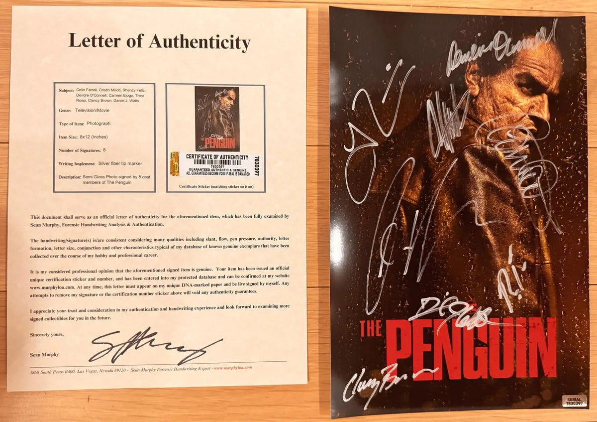 An autographed 'The Penguin' movie poster. Signed photo by Colin Farrell, Cristin Milioti, Rhenzy Feliz, Deirdre O'Connell, Carmen Ejogo, Theo Rossi, Clancy Brown and Daniel J. Watts in silver ink on the front. Photograph autographs for sale. 8x12 inch picture with COA.