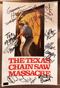 A cast autographed vintage movie photo poster for 'The Texas Chain Saw Massacre'. Signed photograph of Tobe Hooper, Gunnar Hansen, Marilyn Burns, Edwin Neal, Paul Partain, Allen Danziger, Teri McMinn and William Vai in black ink marker signatures. Photograph autographs for sale on 8x12 inch picture.