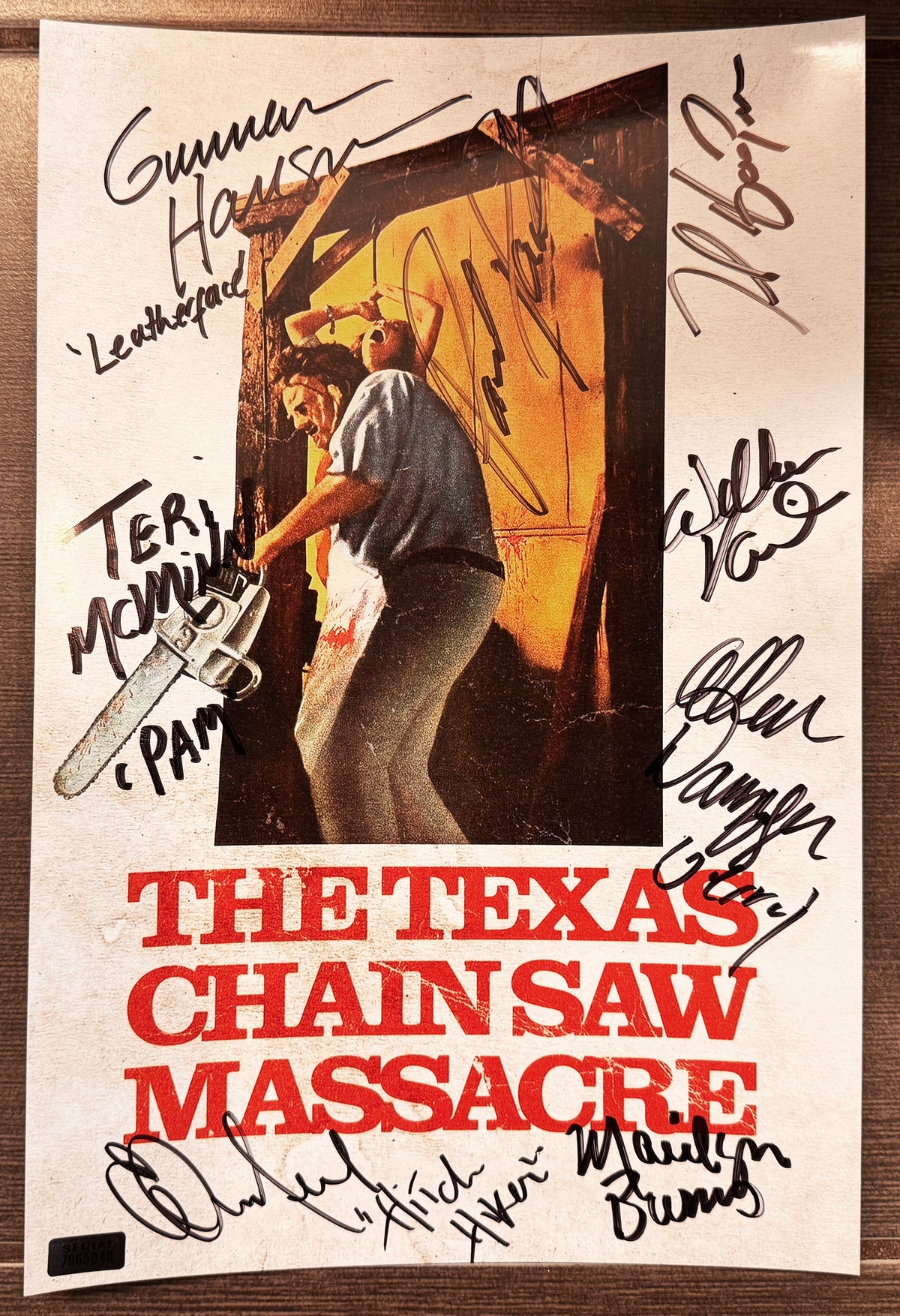 A cast autographed vintage movie photo poster for 'The Texas Chain Saw Massacre'. Signed photograph of Tobe Hooper, Gunnar Hansen, Marilyn Burns, Edwin Neal, Paul Partain, Allen Danziger, Teri McMinn and William Vai in black ink marker signatures. Photograph autographs for sale on 8x12 inch picture.