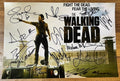 A cast autographed poster of the television series, The Walking Dead. Signed photo of Andrew Lincoln, Norman Reedus, Jeffrey Dean Morgan, Danai Gurira, Chandler Riggs, Lauren Cohan, Steven Yeun, Christian Serratos, Josh McDermitt, Melissa McBride, Seth Gilliam and Ross Marquand in black ink markers signatures. Photograph autographs for sale on 8x12 inch picture. Rick on bus.