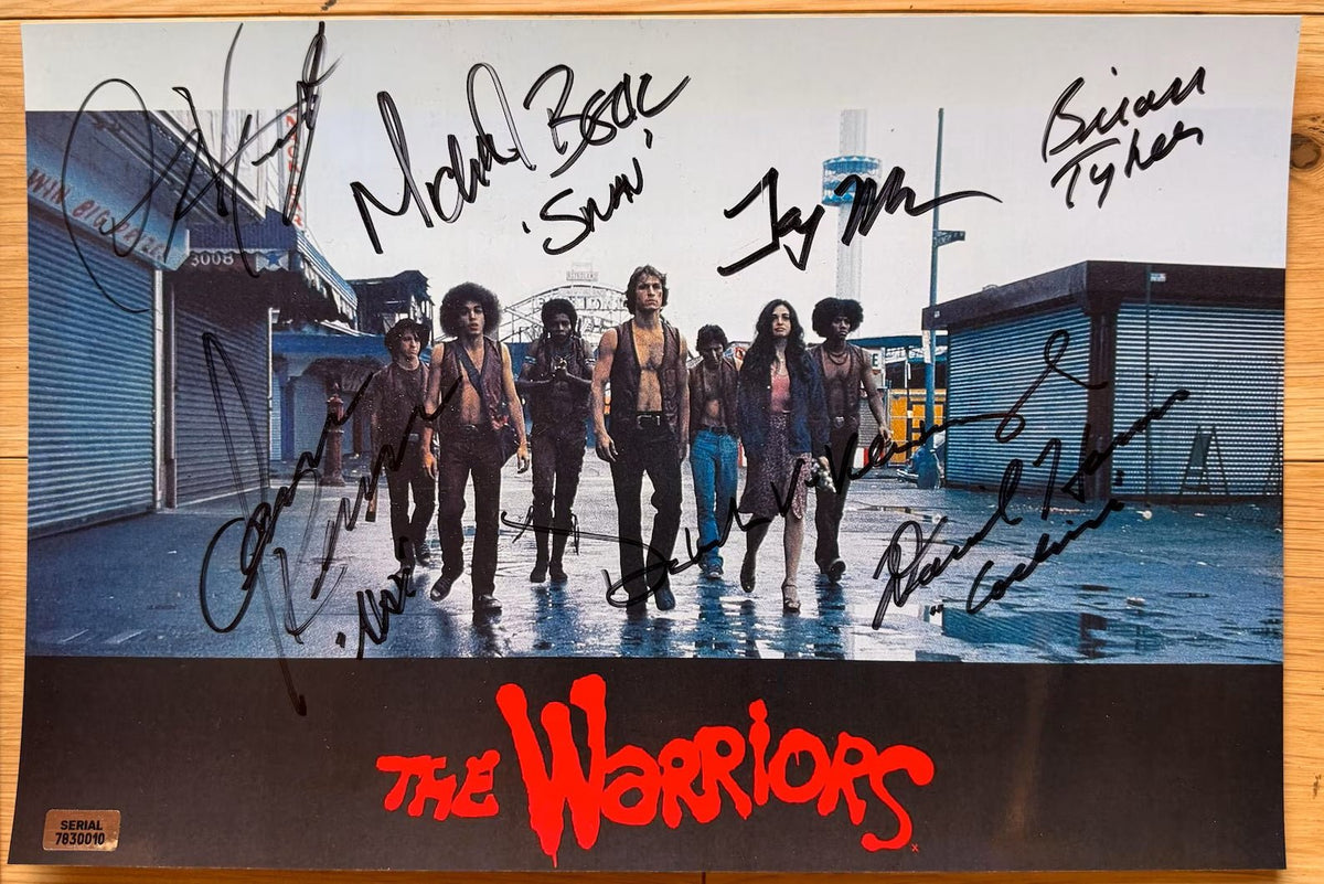 A cast autographed photo poster from the 1979 movie, The Warriors. Signed photo of Michael Beck, James Remar, Dorsey Wright, Brian Tyler, David Harris, Terry Michos and Deborah Van Valkenburgh in black ink marker signatures. Photograph autographs for sale on 8x12 inch picture.