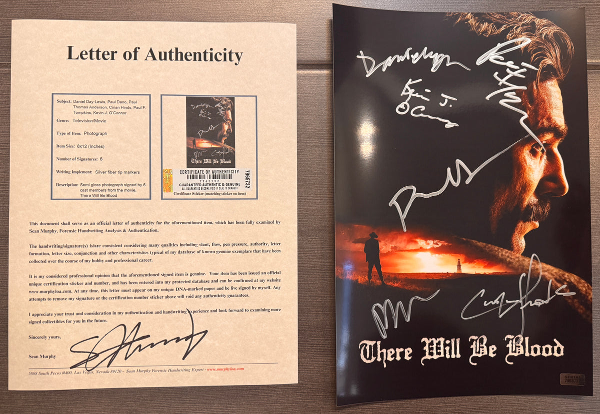 A cast autographed photo poster of the movie, There Will Be Blood. Signed photograph of Daniel Day-Lewis, Paul Dano, Paul Thomas Anderson, Cirian Hinds, Paul F. Tompkins and Kevin J. O'Connor in silver ink marker signatures. Photograph There Will Be Blood autographs for sale on 8x12 inch picture with COA.