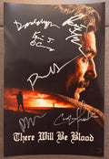 A cast autographed photo poster of the movie, There Will Be Blood. Signed photograph of Daniel Day-Lewis, Paul Dano, Paul Thomas Anderson, Cirian Hinds, Paul F. Tompkins and Kevin J. O'Connor in silver ink marker signatures. Photograph There Will Be Blood autographs for sale on 8x12 inch picture.