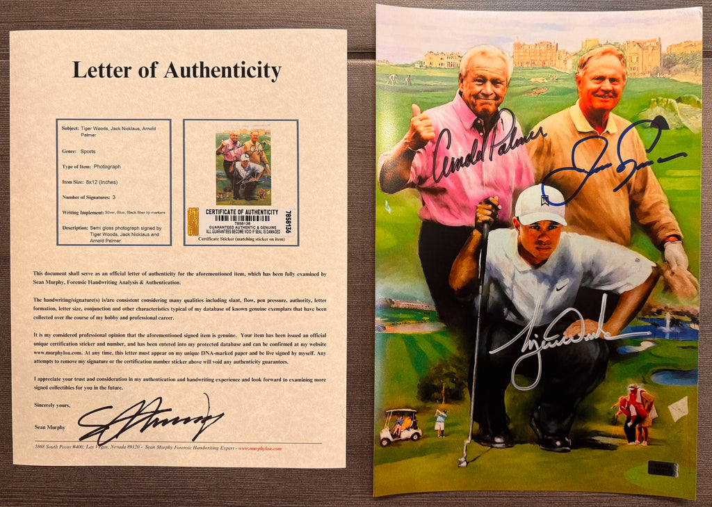 An autographed rookie rc triple auto photo poster of PGA golfers, Tiger Woods, Jack Nicklaus and Arnold Palmer. Signed photo in blue, black, silver ink marker signatures. Photograph Tiger Woods autographs for sale on 8x12 inch picture with COA.