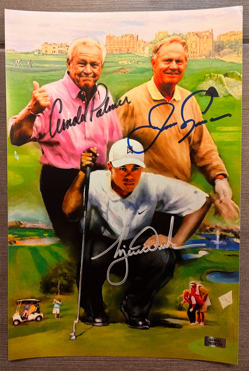 An autographed rookie rc triple auto photo poster of PGA golfers, Tiger Woods, Jack Nicklaus and Arnold Palmer. Signed photo in blue, black, silver ink marker signatures. Photograph Tiger Woods autographs for sale on 8x12 inch picture.