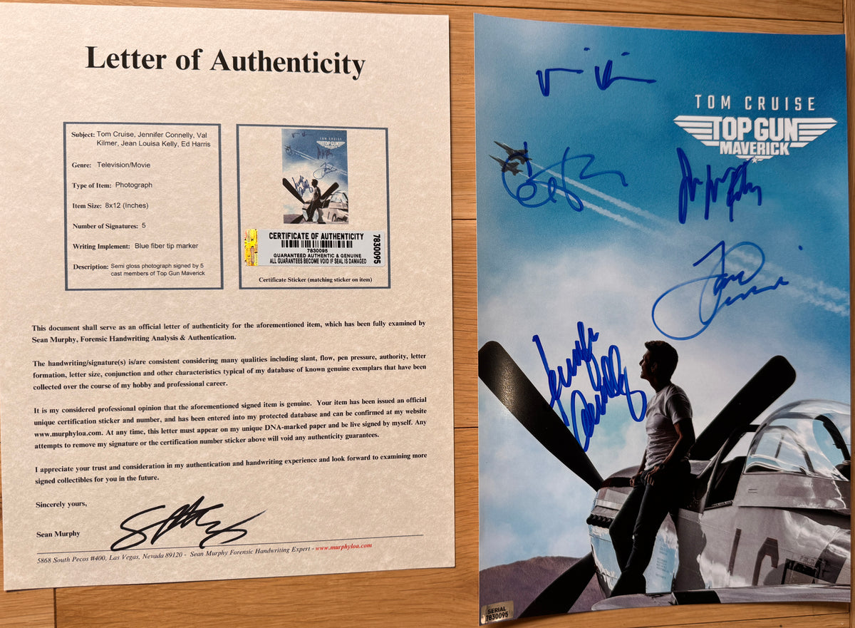 A cast autographed poster of the movie Top Gun Maverick. Signed photo of Tom Cruise, Jennifer Connelly, Val Kilmer, Jean Louisa Kelly and Ed Harris in blue ink marker signatures. Photograph autographs for sale on 8x12 inch picture with COA.