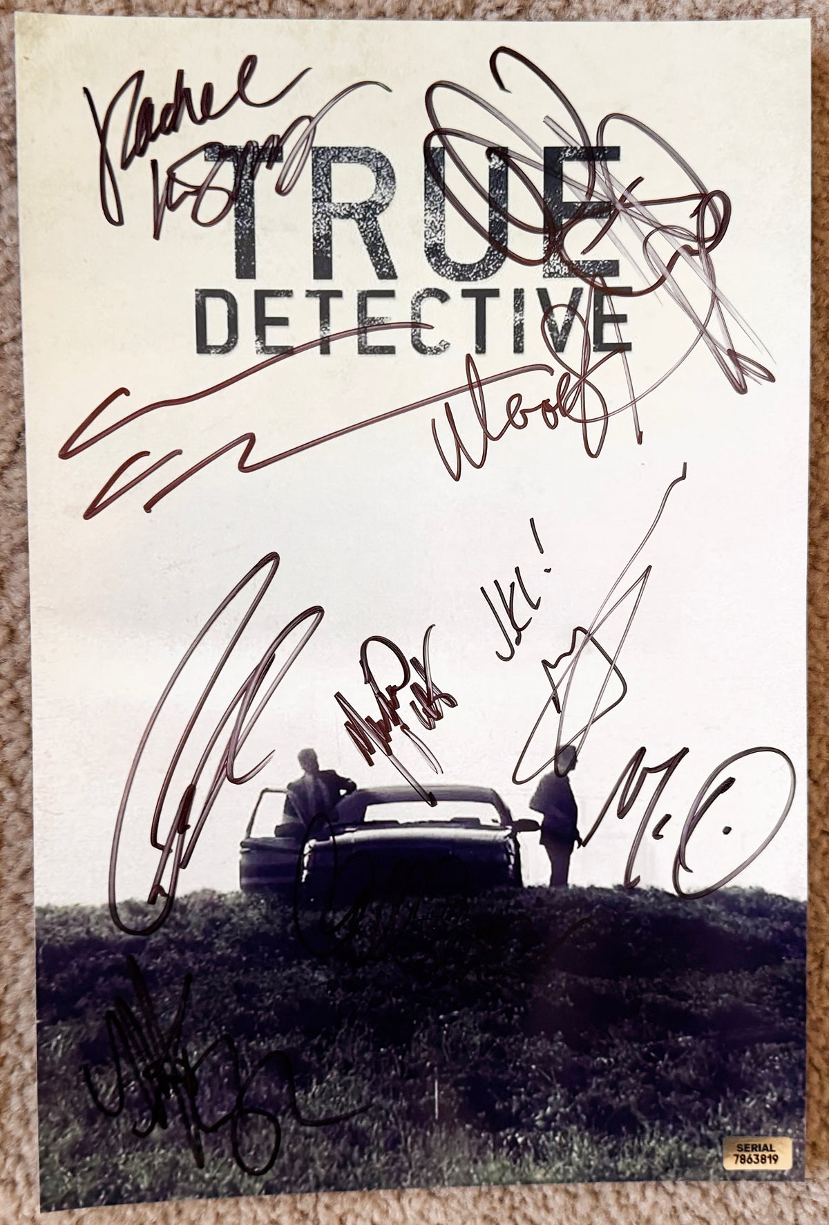 A cast autographed poster of the television series True Detective. Signed photo of Matthew McConaughey, Woody Harrelson, Colin Farrell, Vince Vaughan, Rachel McAdams, Taylor Kitsch, Mahershala Ali, Carmen Ejogo, Michelle Monaghan and Michael Potts in black ink markers signatures. Photograph autographs for sale on 8x12 inch picture.