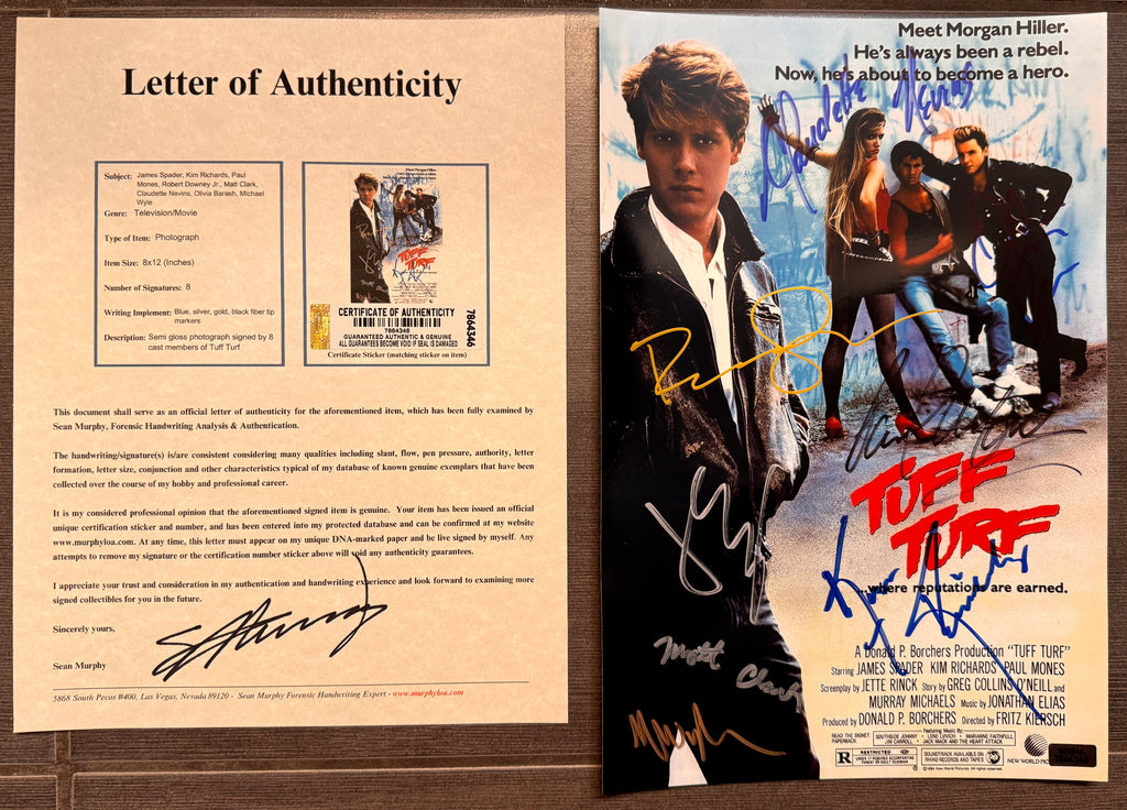 A signed Tuff Turf movie poster. Autographed photo by James Spader, Kim Richards, Paul Mones, Robert Downey Jr, Matt Clark, Claudette Nevins, Olivia Barash, Michael Wyle in blue black gold silver ink markers. photograph autographs for sale. 8x12 inch picture with COA.