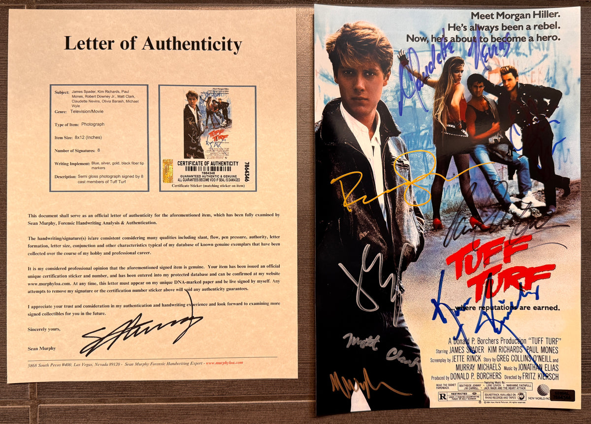 A signed Tuff Turf movie poster. Autographed photo by James Spader, Kim Richards, Paul Mones, Robert Downey Jr, Matt Clark, Claudette Nevins, Olivia Barash, Michael Wyle in blue black gold silver ink markers. photograph autographs for sale. 8x12 inch picture with COA.