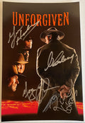 A cast autographed photo poster of the movie, Unforgiven. Signed photo of Clint Eastwood, Morgan Freeman, Gene Hackman and Richard Harris in silver ink markers signatures. photograph Clint Eastwood autographs for sale on 8x12 inch picture.