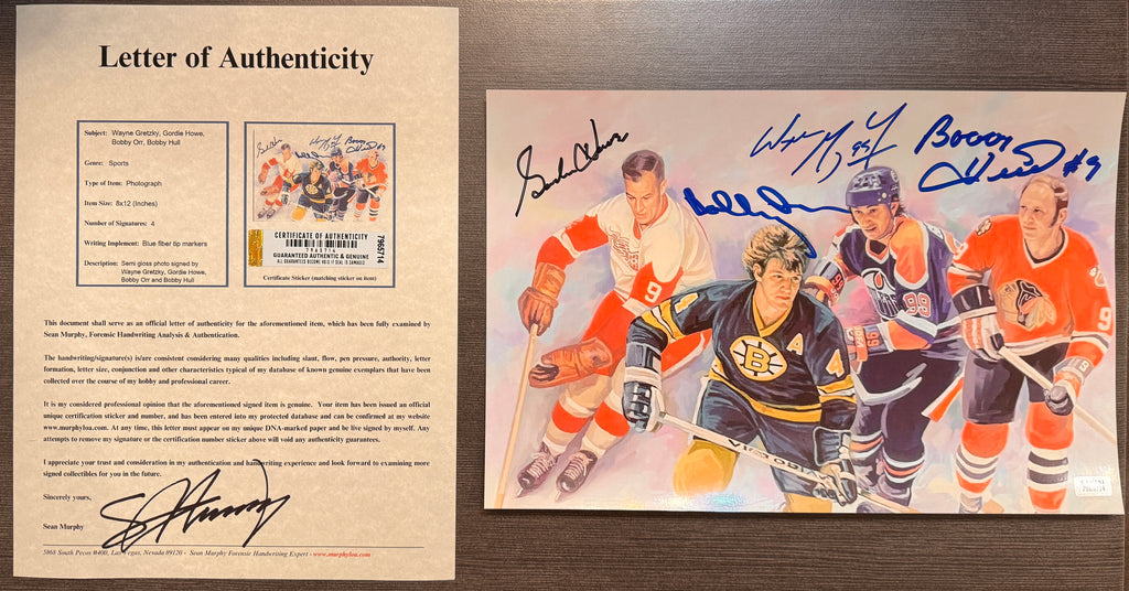 A multi quad signed auto autographed photo poster of 4 NHL hockey hall of famers, Wayne Gretzky, Gordie Howe, Bobby Orr and Bobby Hull. Signed photo in blue ink marker signatures. Rookie auto PSA photograph autographs for sale on 8x12 inch picture with COA.