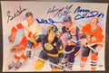 A multi quad signed auto autographed photo poster of 4 NHL hockey hall of famers, Wayne Gretzky, Gordie Howe, Bobby Orr and Bobby Hull. Signed photo in blue ink marker signatures. Rookie auto PSA photograph autographs for sale on 8x12 inch picture.