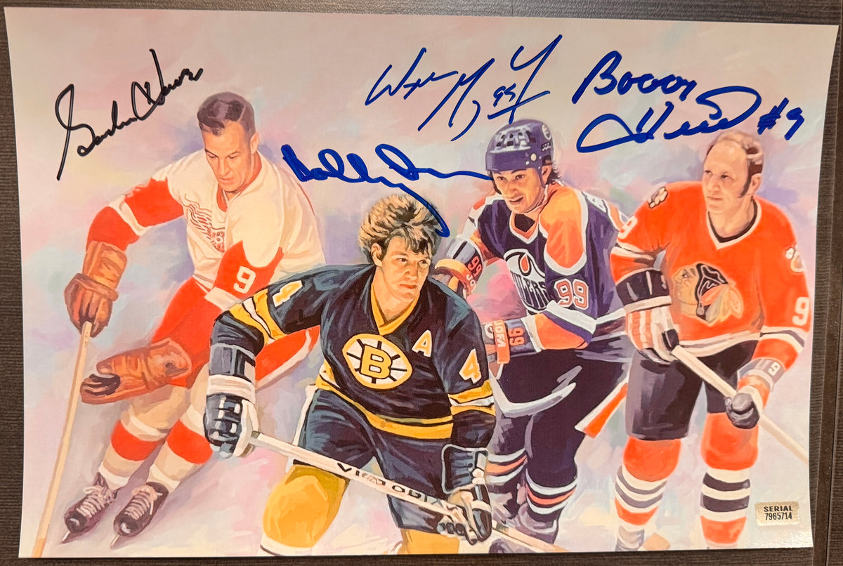 A multi quad signed auto autographed photo poster of 4 NHL hockey hall of famers, Wayne Gretzky, Gordie Howe, Bobby Orr and Bobby Hull. Signed photo in blue ink marker signatures. Rookie auto PSA photograph autographs for sale on 8x12 inch picture.