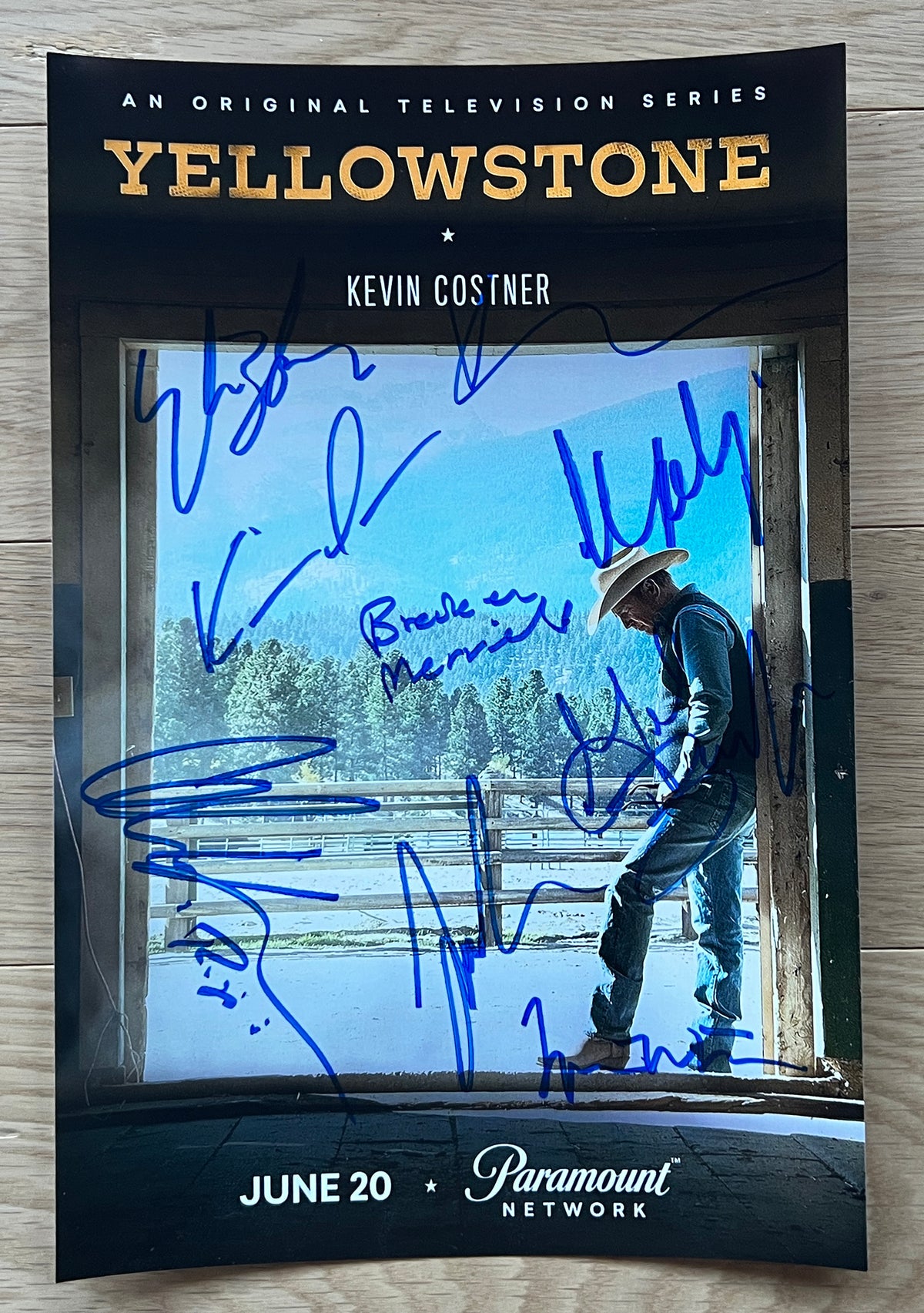 A cast autographed poster of the television series Yellowstone. Signed photo of Kevin Costner, Kelly Reilly, Luke Grimes, Cole Hauser, Kelsey Asbille, Wes Bentley, Jefferson White, Brecken Merrill and Gil Birmingham in blue ink marker signatures. Photograph autographs for sale on 8x12 inch picture.